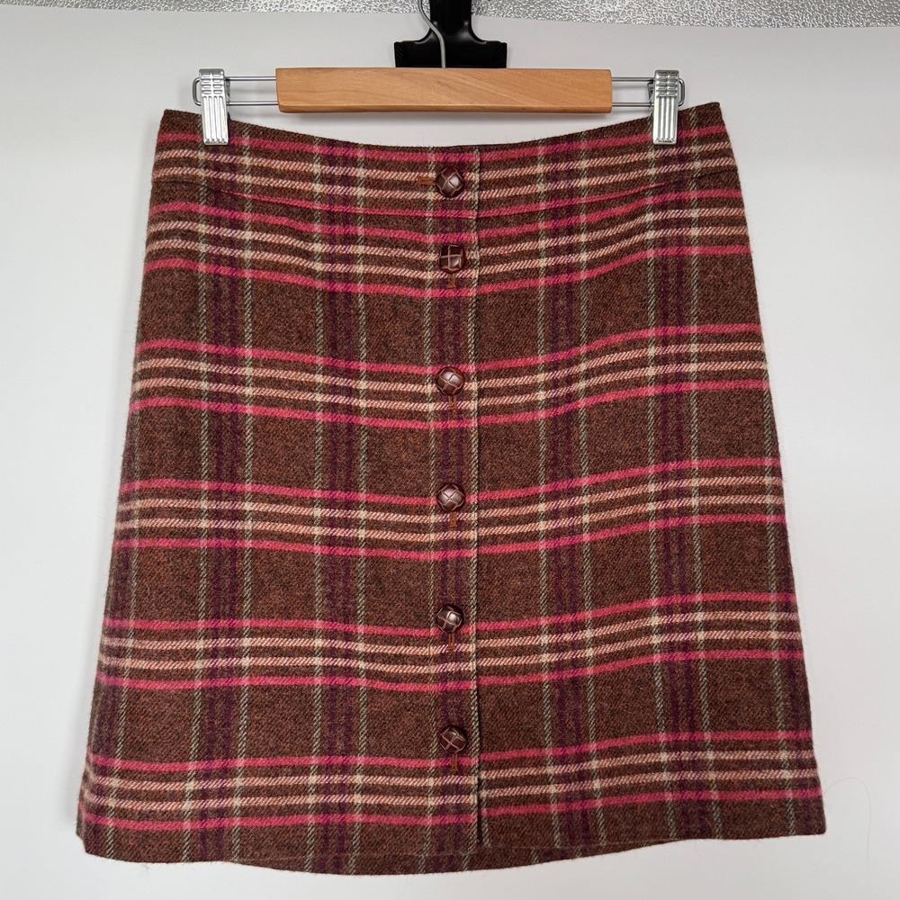 Talbots Wool Plaid Mini Skirt Brown Pink Sz 8P Button Front Dark Academia Preppy
